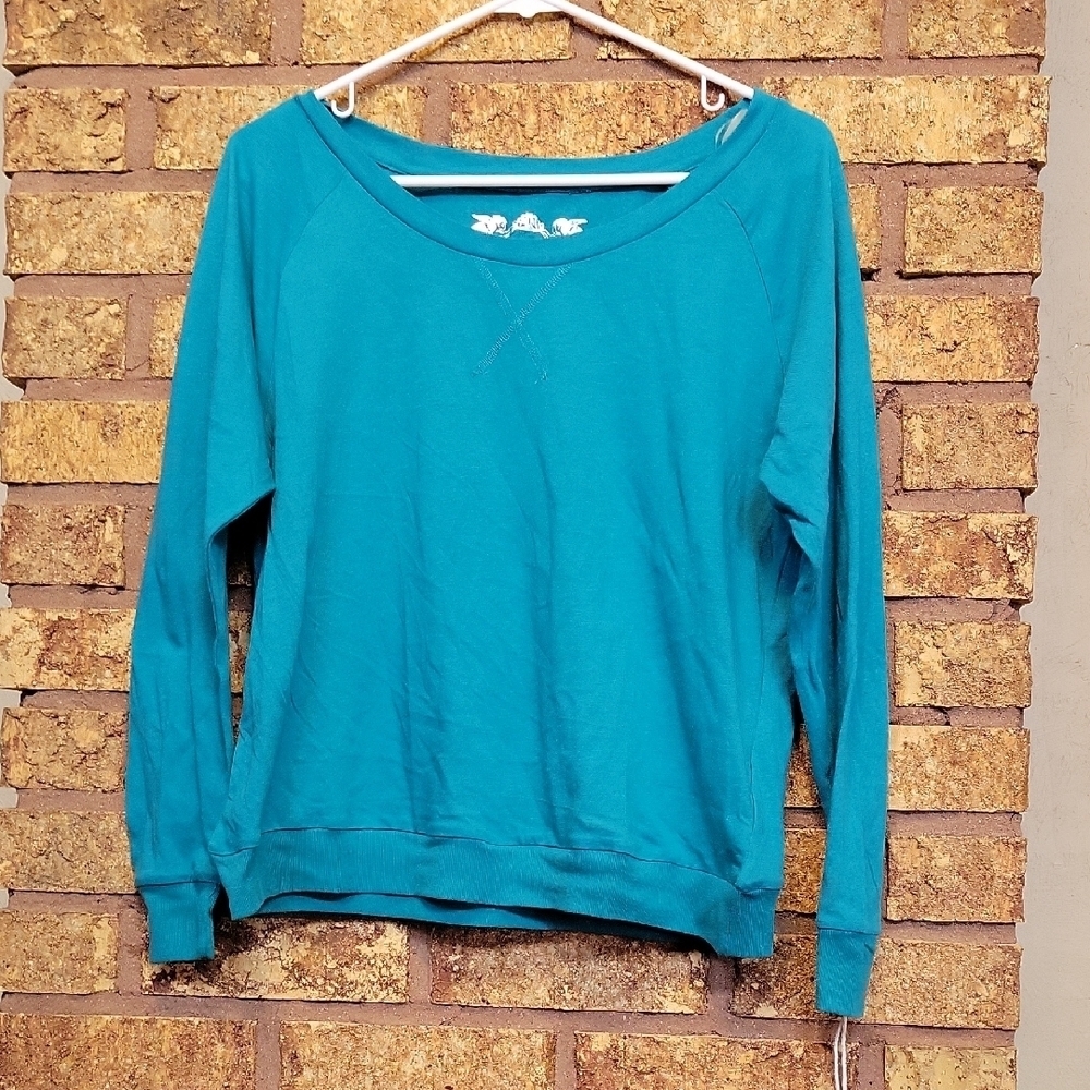 Poof! Long Sleeve Stretch Shirt Size Large Teal Cotton Blend Casual